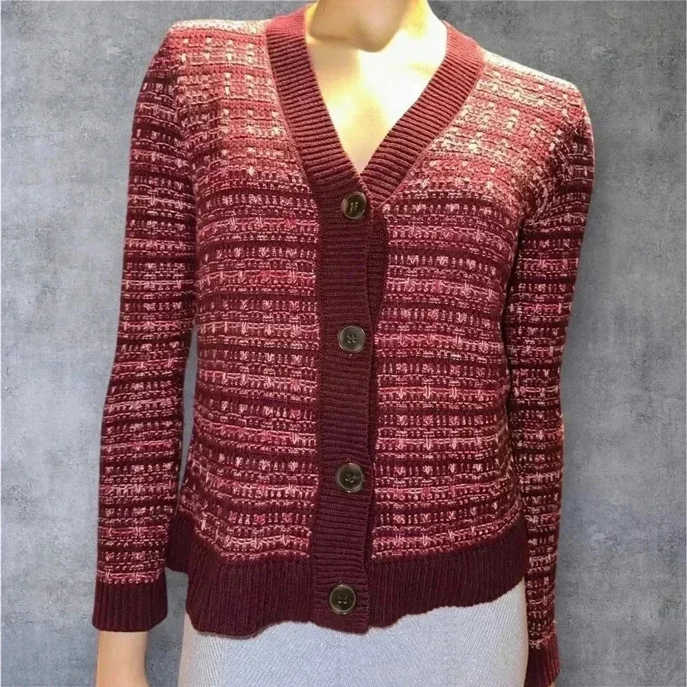 Ann Taylor women’s Textured Knitted Striped V-neck Wedge burgundy Cardigan sz SP